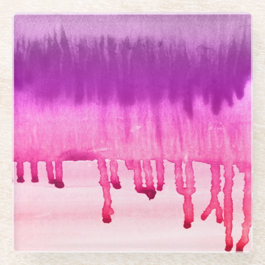 抽象芸術カラフル水彩ピンクマゼンタデザイン ガラスコースター (正面)