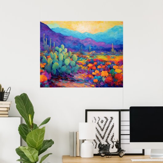抽象芸術カラフル砂漠絵画サボテン ポスター (ホームオフィス)