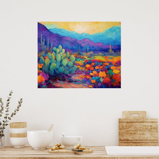抽象芸術カラフル砂漠絵画サボテン ポスター (キッチン)
