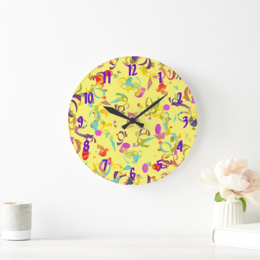 抽象芸術カラフル紙吹雪が黄色の上にトス ラージ壁時計 (ホーム)