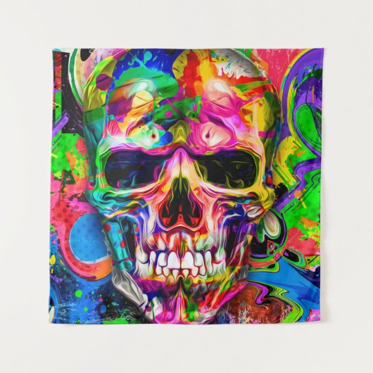抽象芸術カラフル背景(カラフル頭蓋骨) タペストリー (正面)