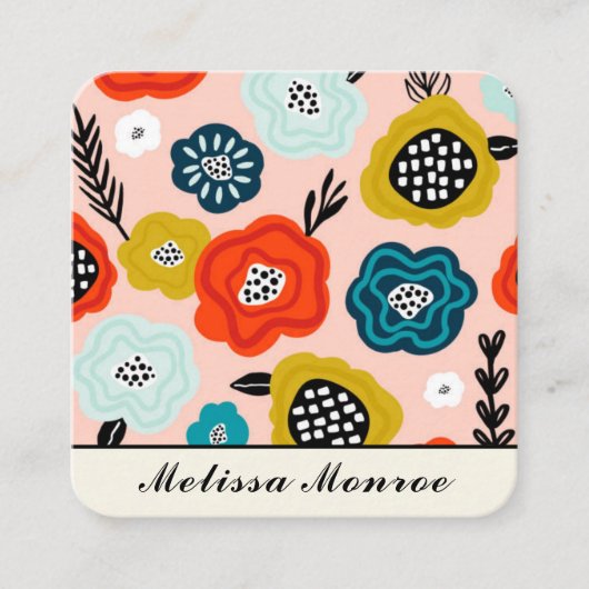 抽象芸術カラフル花タイポグラフィ スクエア名刺 (正面)