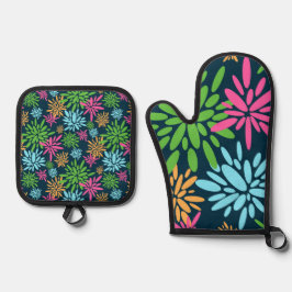 抽象芸術カラフル花火花 鍋つかみ&鍋敷きセット