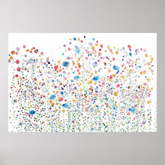 抽象芸術カラフル野花と鳥類の水色 ポスター (正面)