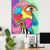 抽象芸術カラフル顔キュービズム赤紫ブルーカッコいい ポスター (ホームオフィス)