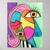 抽象芸術カラフル顔キュービズム赤紫ブルーカッコいい ポスター (正面)