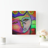 抽象芸術カラフル·アート·キャッ絵画ト スクエア壁時計 (ホーム)