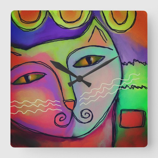 抽象芸術カラフル·アート·キャッ絵画ト スクエア壁時計 (正面)