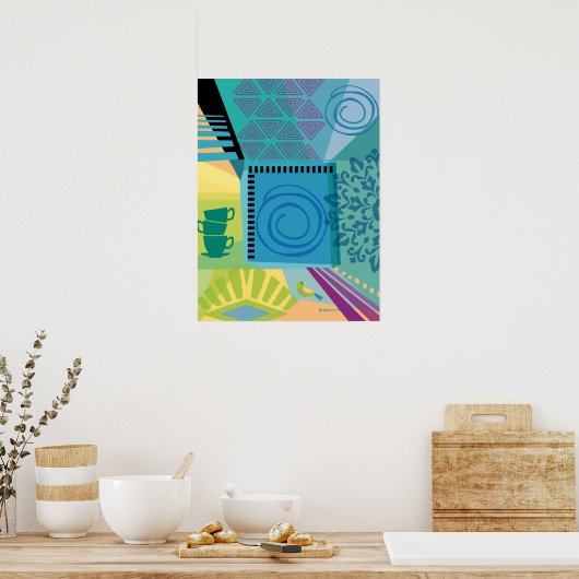 抽象芸術カラーのコラージュとティーカップ ポスター (キッチン)