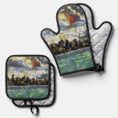 抽象芸術カリブのビーチブリックアート 鍋つかみ&鍋敷きセット (正面/裏面)