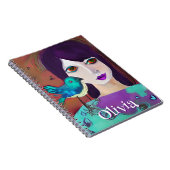 抽象芸術ガール&バードパープルとティール（緑がかった色） パーソナライズされた ノートブック (右側)