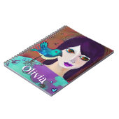 抽象芸術ガール&バードパープルとティール（緑がかった色） パーソナライズされた ノートブック (左側)