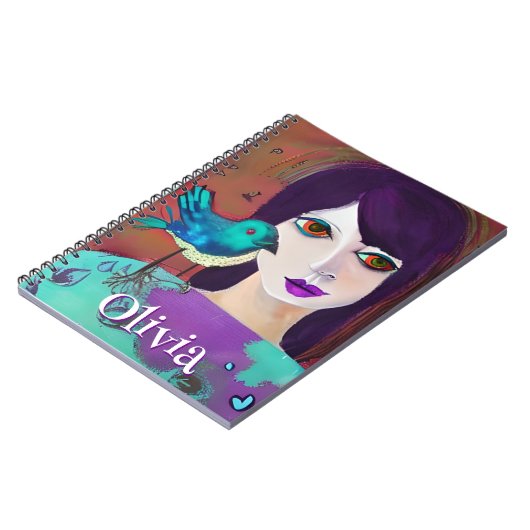 抽象芸術ガール&バードパープルとティール（緑がかった色） パーソナライズされた ノートブック (左側)