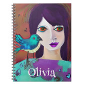 抽象芸術ガール&バードパープルとティール（緑がかった色） パーソナライズされた ノートブック (正面)