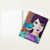 抽象芸術ガール&バードパープルとティール（緑がかった色） パーソナライズされた プランナー手帳 (ディスプレー)