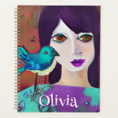 抽象芸術ガール&バードパープルとティール（緑がかった色） パーソナライズされた プランナー手帳 (正面)