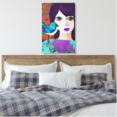 抽象芸術ガール&バードパープル&ティール（緑がかった色） キャンバスプリント (インサイチュ (寝室))