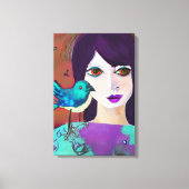 抽象芸術ガール&バードパープル&ティール（緑がかった色） キャンバスプリント (正面)
