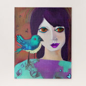 抽象芸術ガール&バードパープル&ティール(緑がかった色) ジグソーパズル (縦)