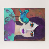 抽象芸術ガール&バードパープル&ティール(緑がかった色) ジグソーパズル (横)