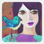 抽象芸術ガール&バードパープル&ティール(緑がかった色) スクエアシール (正面)