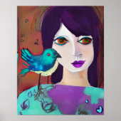 抽象芸術ガール&バードパープル&ティール(緑がかった色) ポスター (正面)