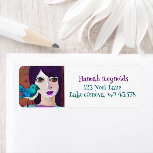 抽象芸術ガール&バードパープル&ティール（緑がかった色） ラベル (インサイチュ)