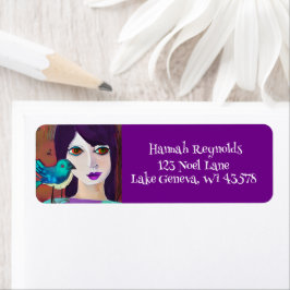 抽象芸術ガール&バードパープル&ティール（緑がかった色） ラベル