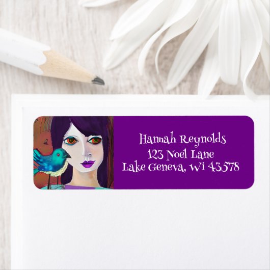 抽象芸術ガール&バードパープル&ティール（緑がかった色） ラベル (インサイチュ)