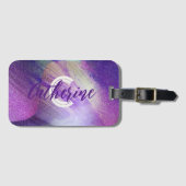 抽象芸術キラキラ輝くネオンマゼンタの名前とイニシャル ラゲッジタグ (正面横)