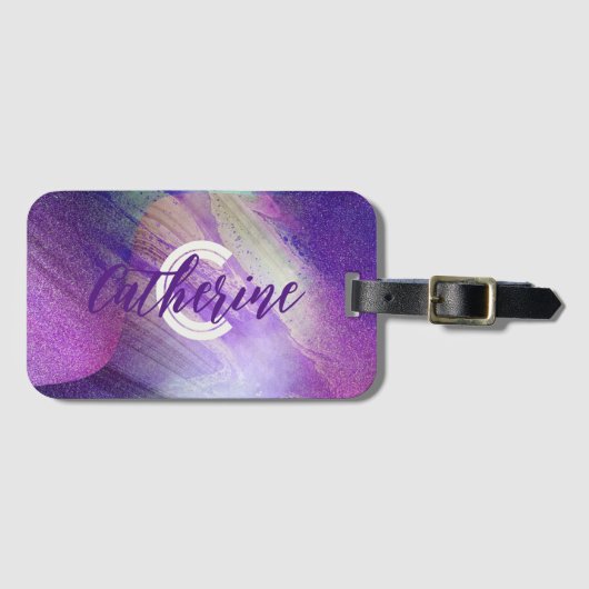 抽象芸術キラキラ輝くネオンマゼンタの名前とイニシャル ラゲッジタグ (正面横)