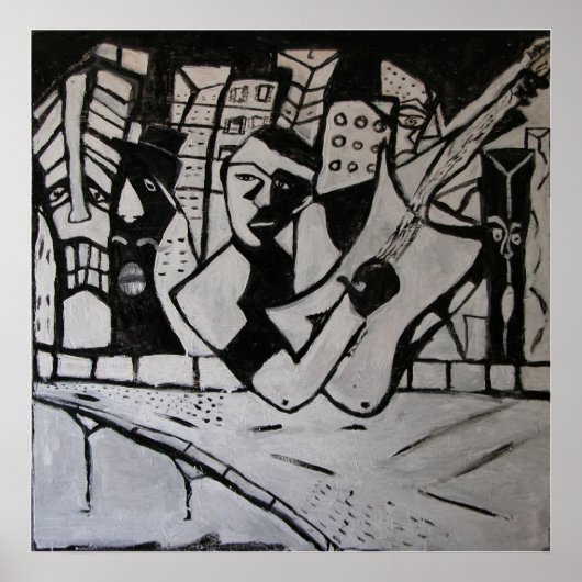 抽象芸術ギタリスト白黒 ポスター (正面)