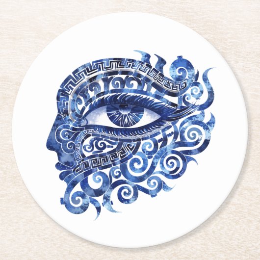 抽象芸術ギリシャの邪悪な目とギリシャの鍵 ラウンドペーパーコースター (正面)
