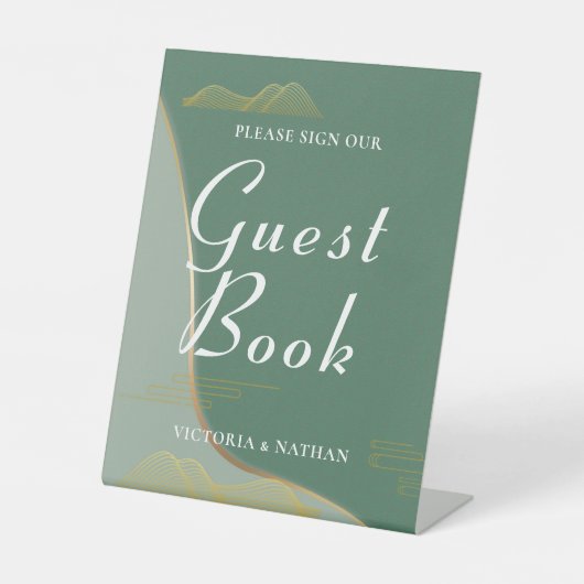 抽象芸術クラウドパターン金ゴールドラインゲストブック 台座サイン (正面)