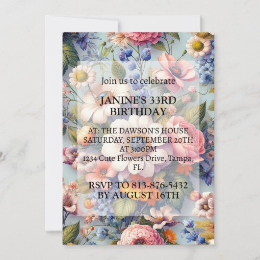 抽象芸術クリエイティブフラワーアートバースデーパーティー 招待状 (正面)