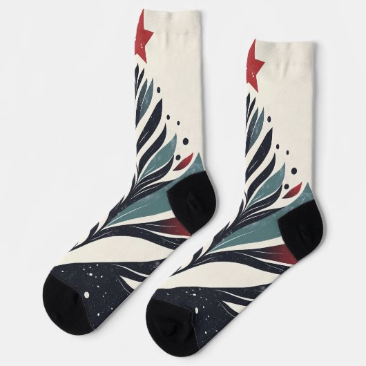 抽象芸術クリスマスツリーと赤い星 ソックス (左)
