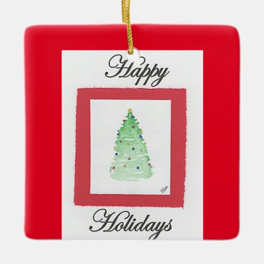 抽象芸術クリスマスツリーハッピーホリデー セラミックオーナメント (正面)