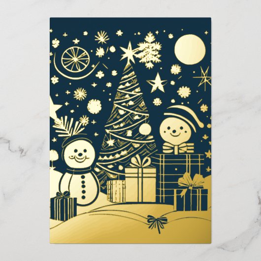 抽象芸術クリスマステーマ雪だるまゴールドフォイル 箔シーズンカード (正面)