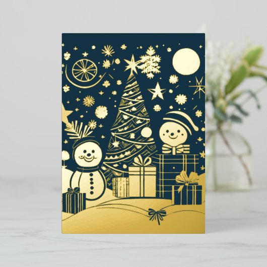 抽象芸術クリスマステーマ雪だるまゴールドフォイル 箔シーズンカード (立ち正面)
