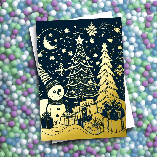 抽象芸術クリスマステーマ雪だるまゴールドフォイル 箔シーズンカード