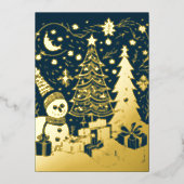 抽象芸術クリスマステーマ雪だるまゴールドフォイル 箔シーズンカード (正面)