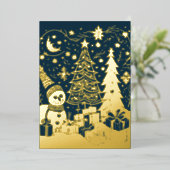 抽象芸術クリスマステーマ雪だるまゴールドフォイル 箔シーズンカード (立ち正面)