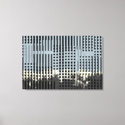 抽象芸術クリーム、ティール（緑がかった色）、およびブラックのストライプパターン キャンバスプリント (正面)