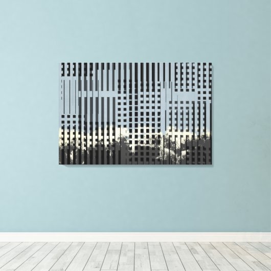 抽象芸術クリーム、ティール(緑がかった色)、およびブラックのストライプパターン キャンバスプリント (インサイチュ (ウッドフロア))