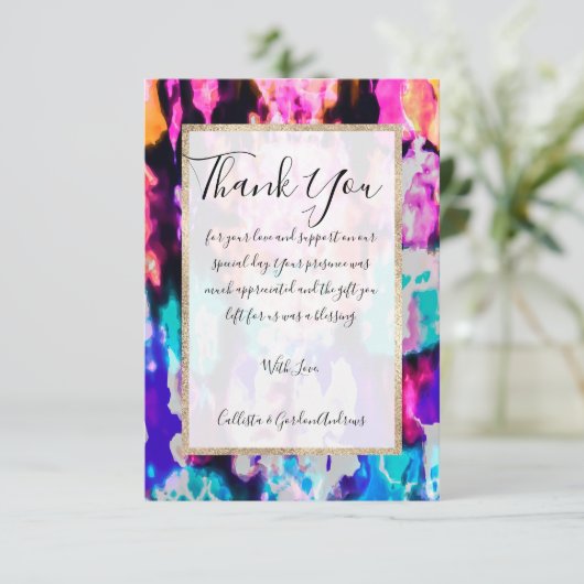 抽象芸術クールピンクブルーブラック絞り染めパターン サンキューカード (スタンド正面)