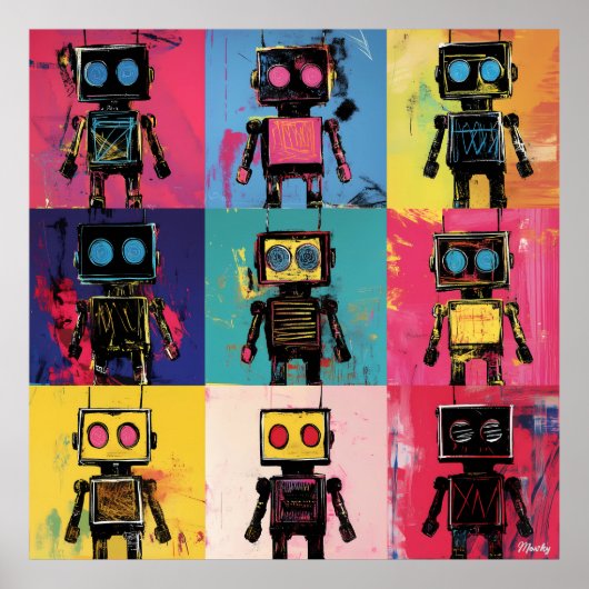 抽象芸術グラフィティロボットのアートグリッドカラはっきりしたー ポスター (正面)