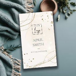 抽象芸術グリッターアイボリー金ゴールド水色ロゴ 名刺