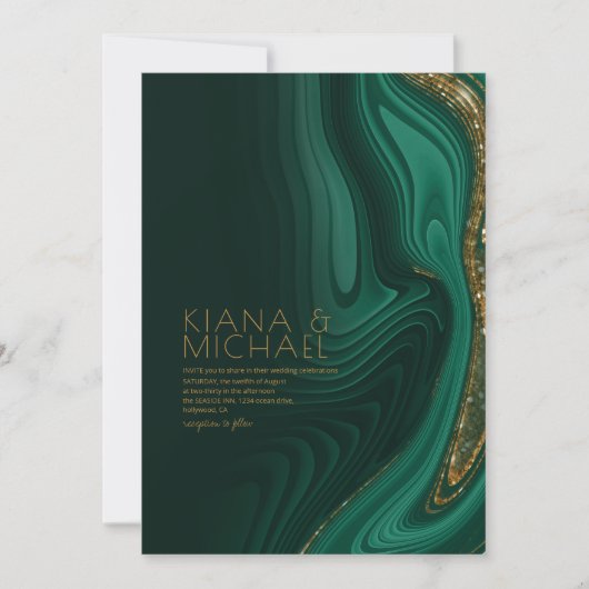 抽象芸術グリッタース結婚トラータDkグリーンID903 招待状 (正面)