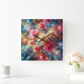 抽象芸術グリッターバラ スクエア壁時計 (ホーム)