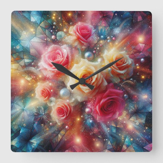 抽象芸術グリッターバラ スクエア壁時計 (正面)